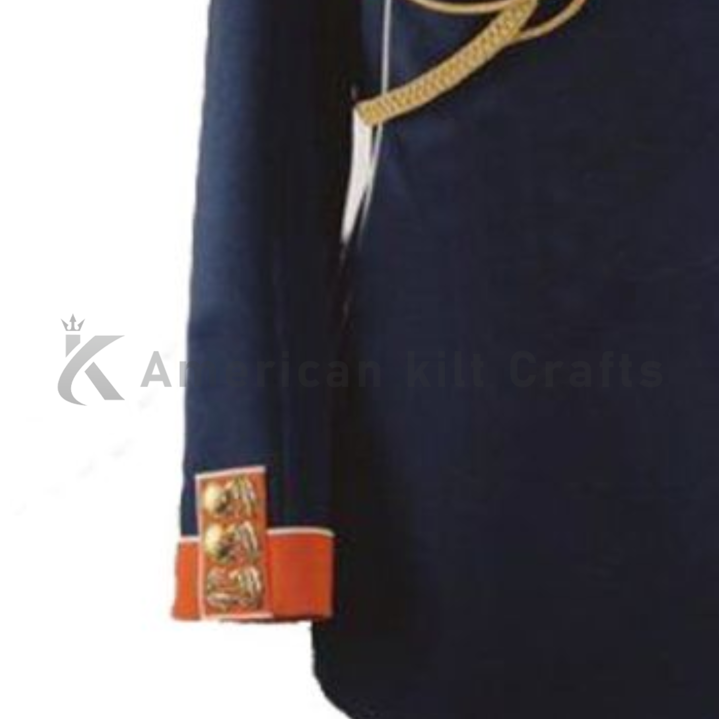 Close-up of sleeve on 1896-inspired navy ceremonial military coat with detailed gold embroidery
