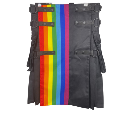 Men’s Black Pride Utility Kilt – Rainbow Striped Gothic Kilt with Pockets | LGBTQ Festival Outfit