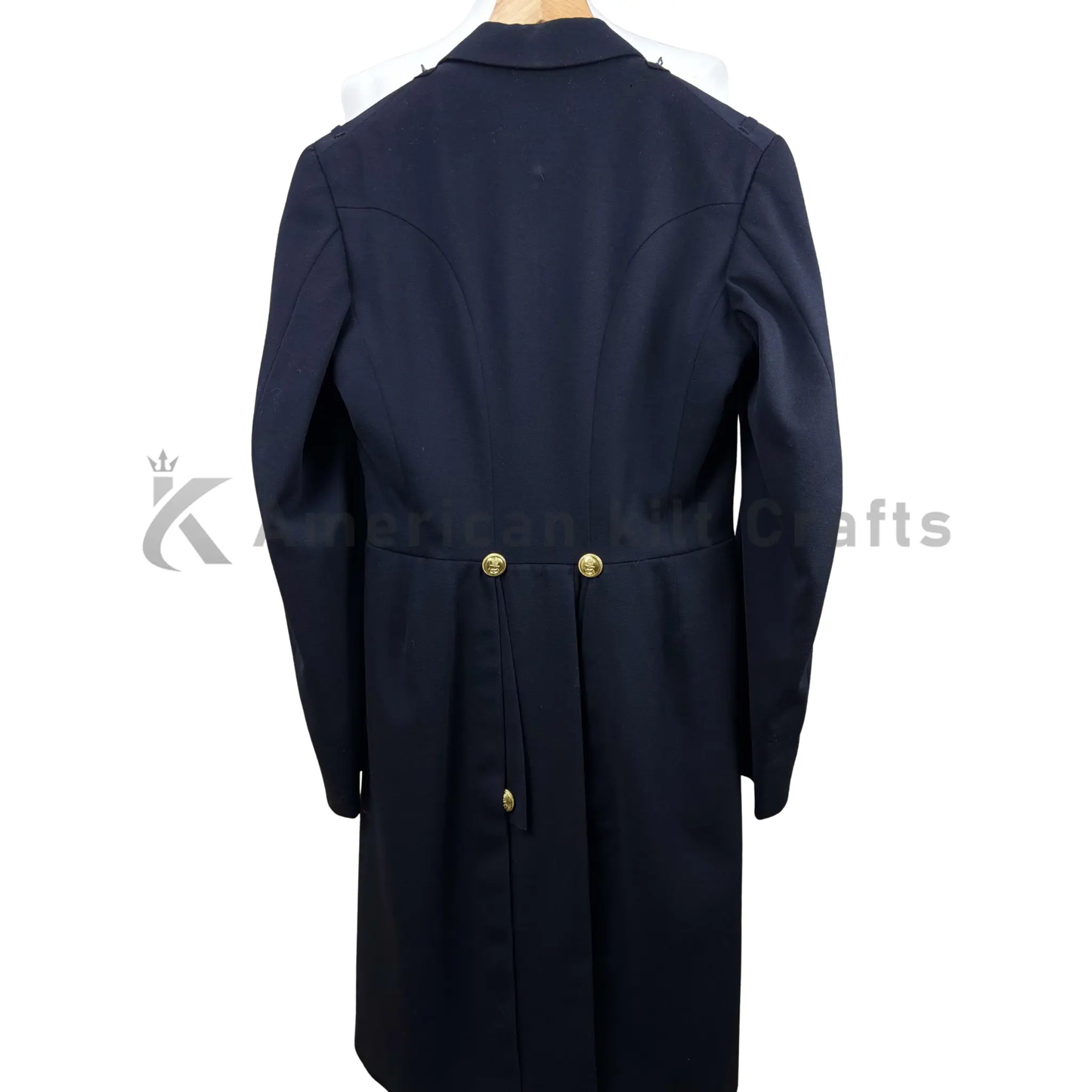 Back-angle view of a 1938-style German naval officer frock coat showing its long structured silhouette and tailored back.