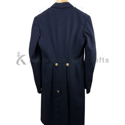 Back-angle view of a 1938-style German naval officer frock coat showing its long structured silhouette and tailored back.
