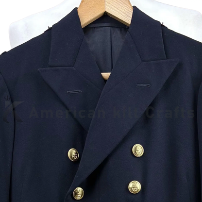 Close-up of the wool fabric, double-breasted buttons, lapels and detailed tailoring on the German naval officer greatcoat.