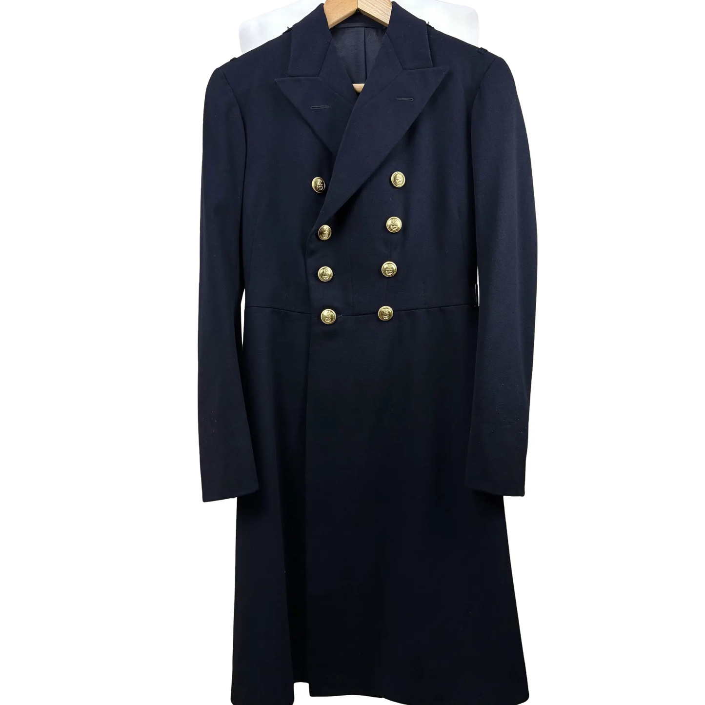Front-angle view of a 1938-style German naval officer frock coat featuring a double-breasted front, structured lapels and full-length tailored design.
