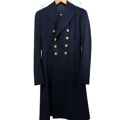 Front-angle view of a 1938-style German naval officer frock coat featuring a double-breasted front, structured lapels and full-length tailored design.