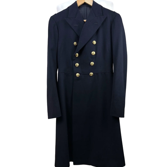 Front-angle view of a 1938-style German naval officer frock coat featuring a double-breasted front, structured lapels and full-length tailored design.