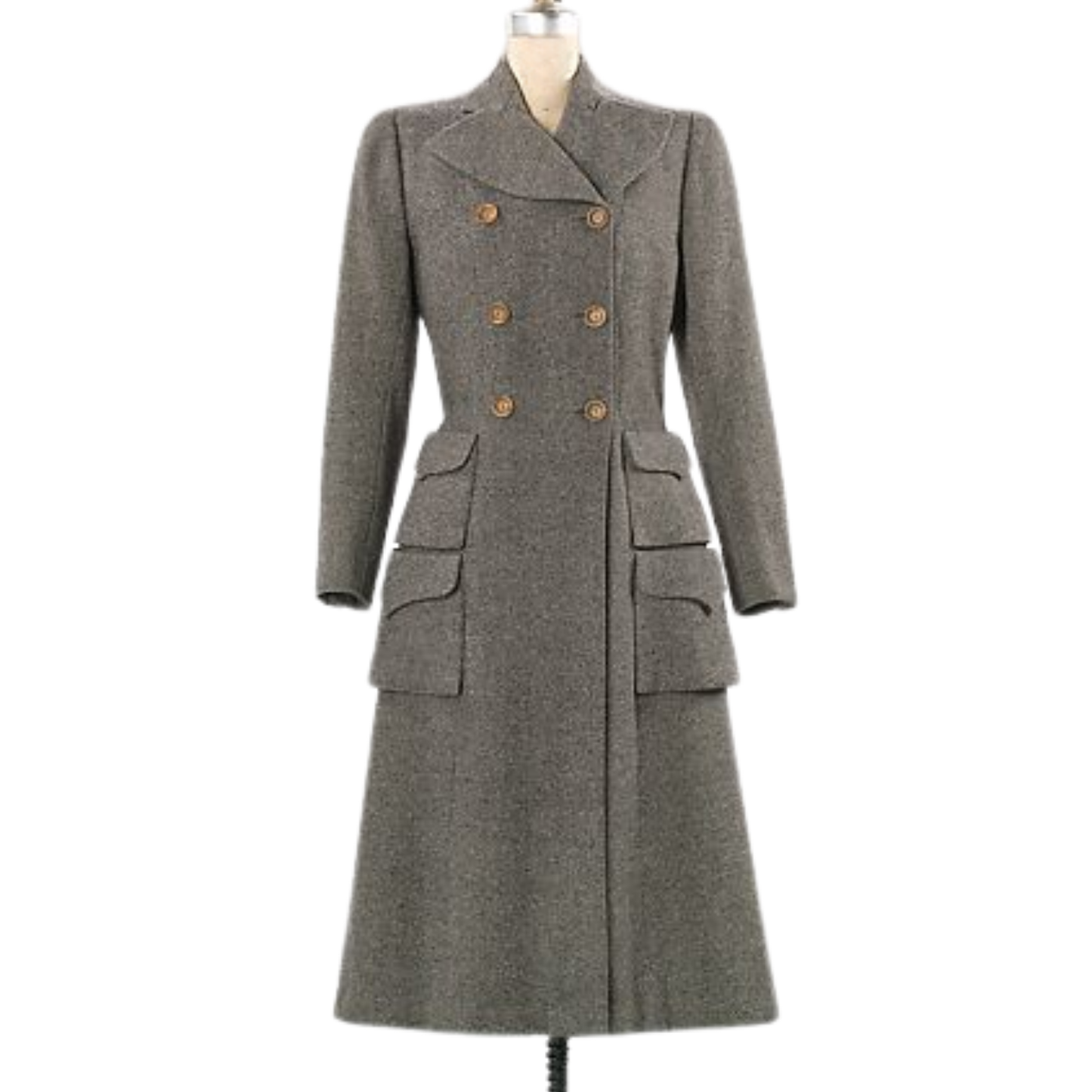 Front-angle view of a 1940s-style wool trench coat featuring a couture-inspired silhouette, wide lapels and elegant tailoring.
