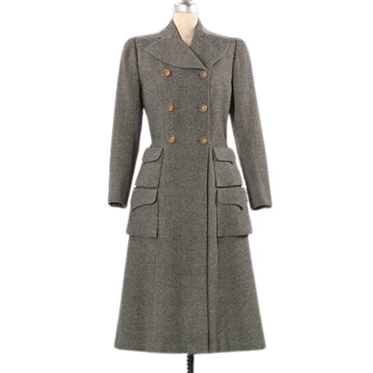 Front-angle view of a 1940s-style wool trench coat featuring a couture-inspired silhouette, wide lapels and elegant tailoring.