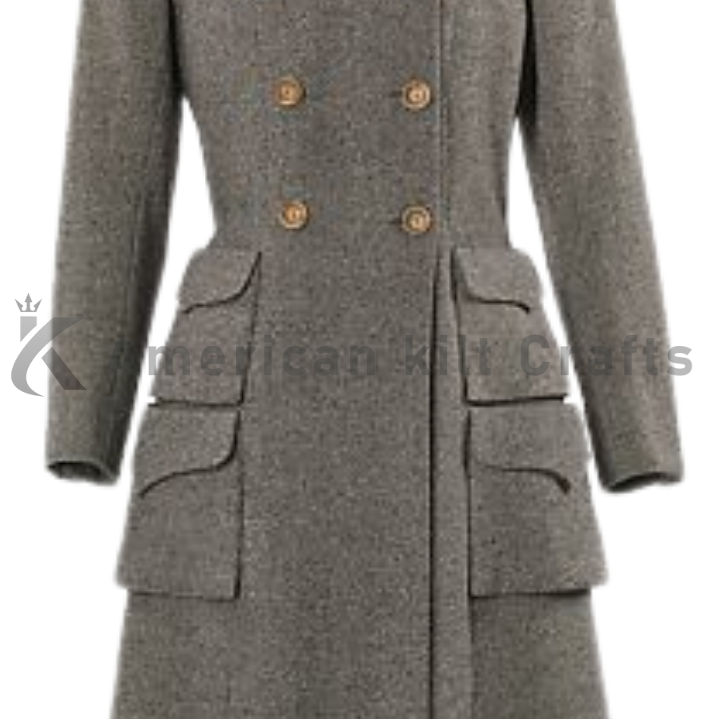Close-up of the wool fabric, structured lapels, buttons and refined tailoring on the 1940s-inspired couture overcoat.