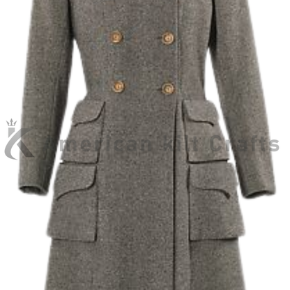 Close-up of the wool fabric, structured lapels, buttons and refined tailoring on the 1940s-inspired couture overcoat.