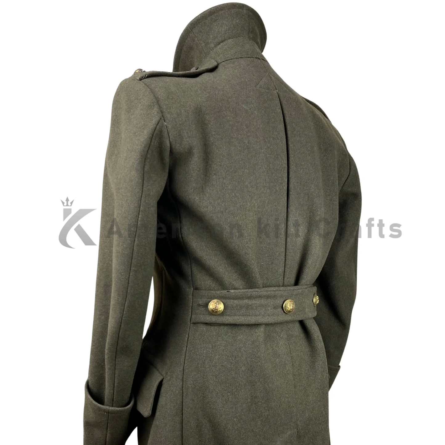 Back view of a bespoke British Army officer long wool greatcoat showing its structured fit and full-length design.