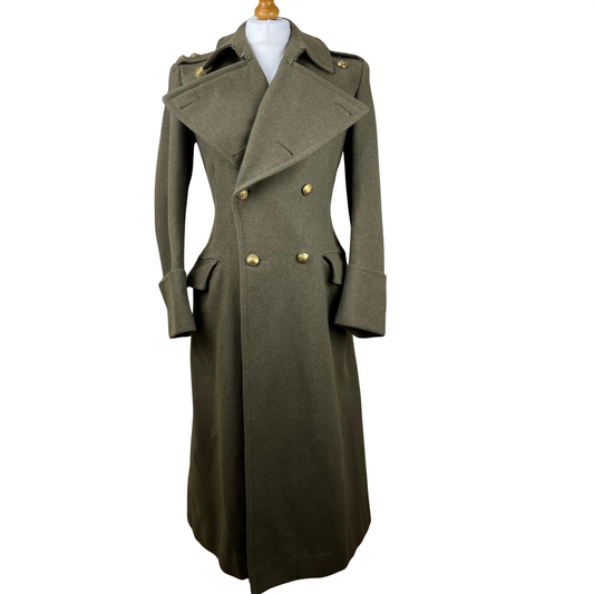 Front view of a 1943-style British Army officer wool greatcoat featuring a long tailored silhouette and classic military design.