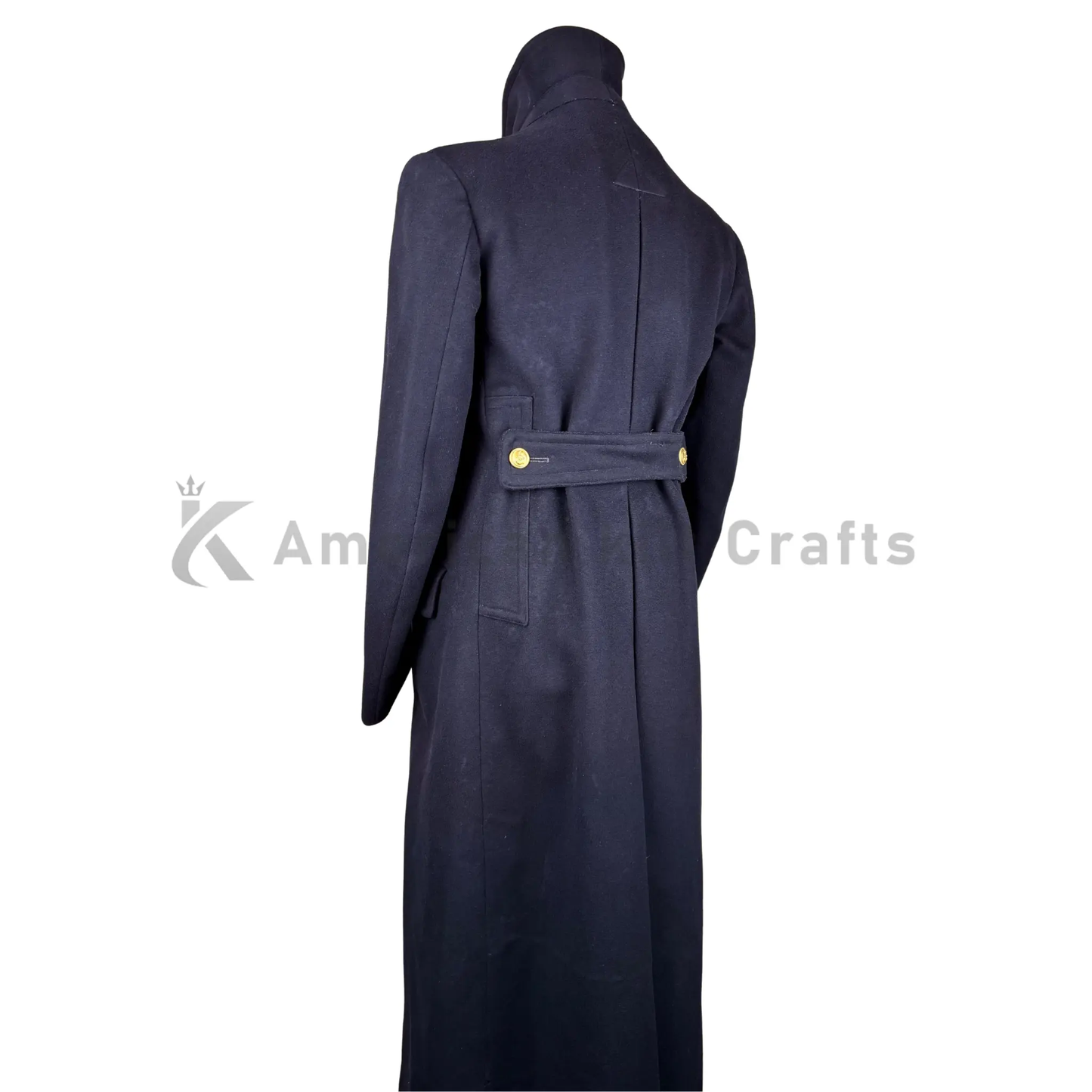 Back view of 1943 WW2 Doe Skin Royal Navy Officer’s Greatcoat showing the full-length military silhouette and tailored construction.