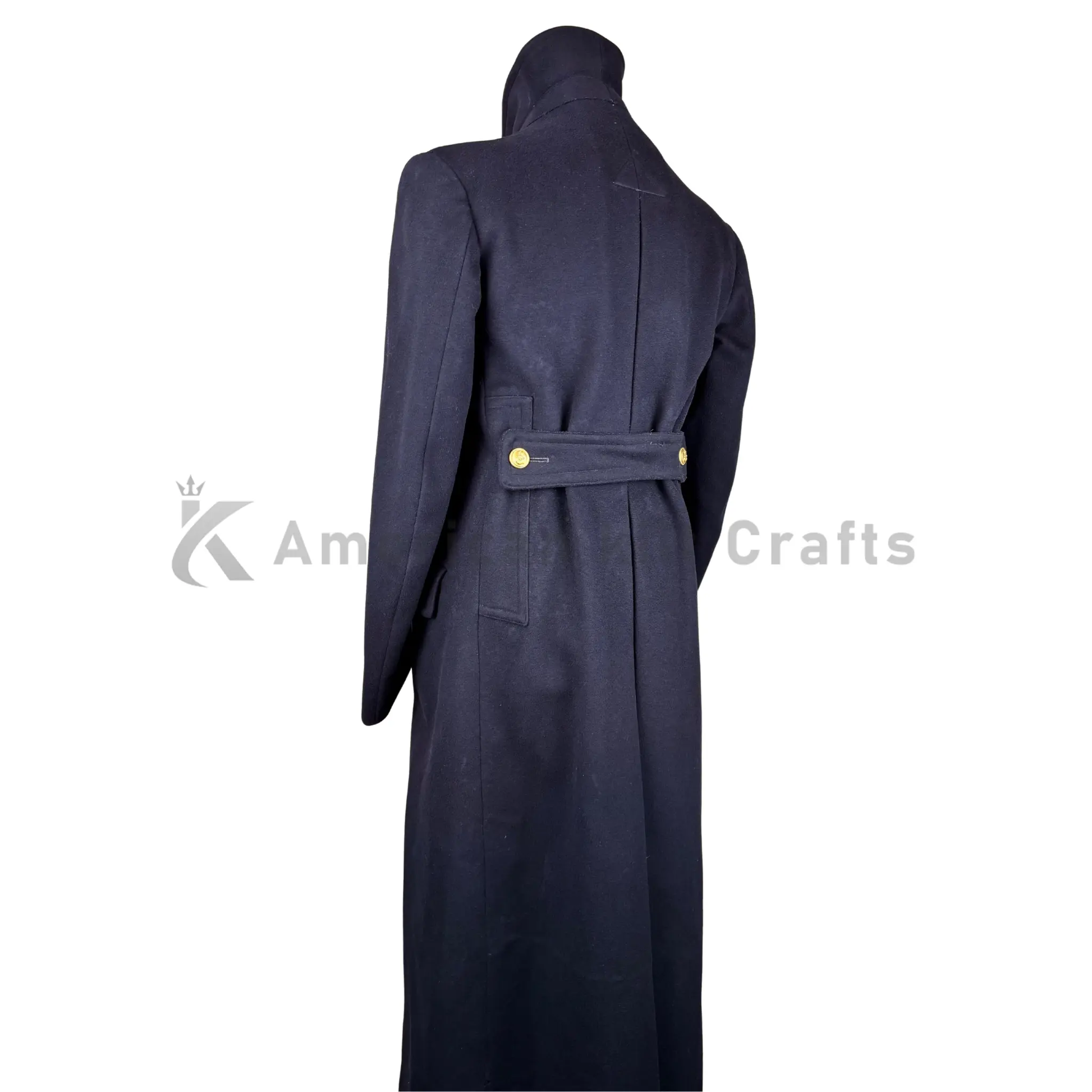 Back view of 1943 WW2 Doe Skin Royal Navy Officer’s Greatcoat showing the full-length military silhouette and tailored construction.