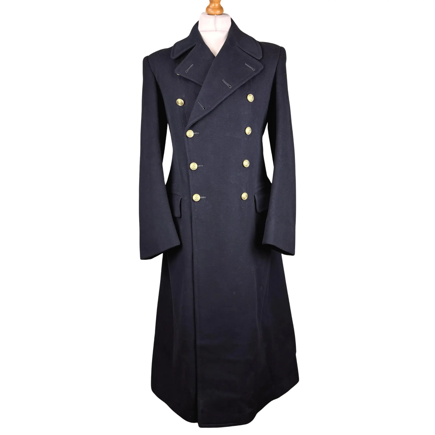 1943 WW2 Doe Skin Royal Navy Officer’s Greatcoat front view with classic military styling and structured long-coat design.