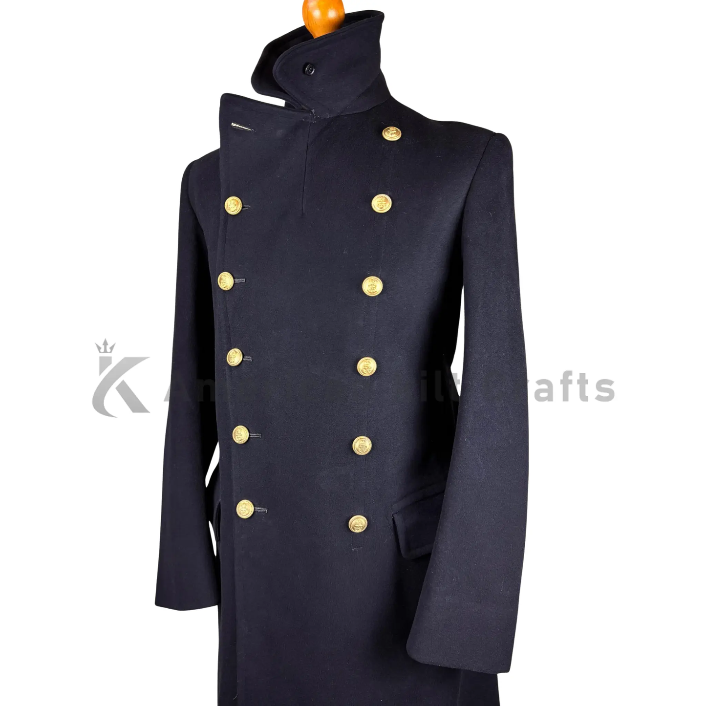 Side view of 1943 WW2 Doe Skin Royal Navy Officer’s Greatcoat highlighting its long tailored fit and historic military style.