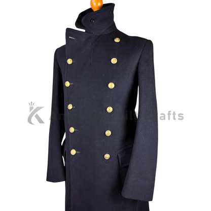 Side view of 1943 WW2 Doe Skin Royal Navy Officer’s Greatcoat highlighting its long tailored fit and historic military style.