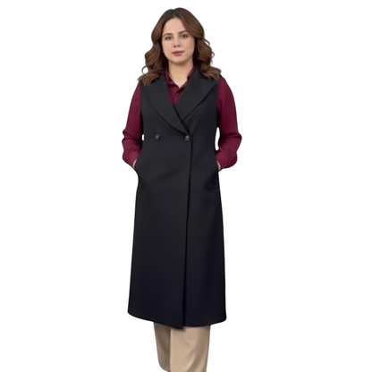 Handmade Wool Maxi Vest – Sleeveless Longline Black Trench Waistcoat for Women