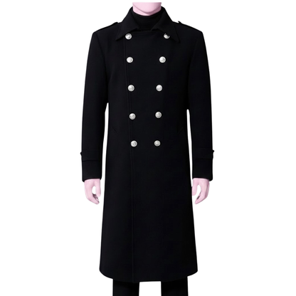 Men’s Black Wool Blend Military Overcoat – Double Breasted Long Trench Coat