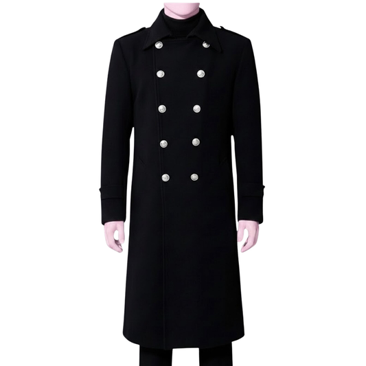 Men’s Black Wool Blend Military Overcoat – Double Breasted Long Trench Coat