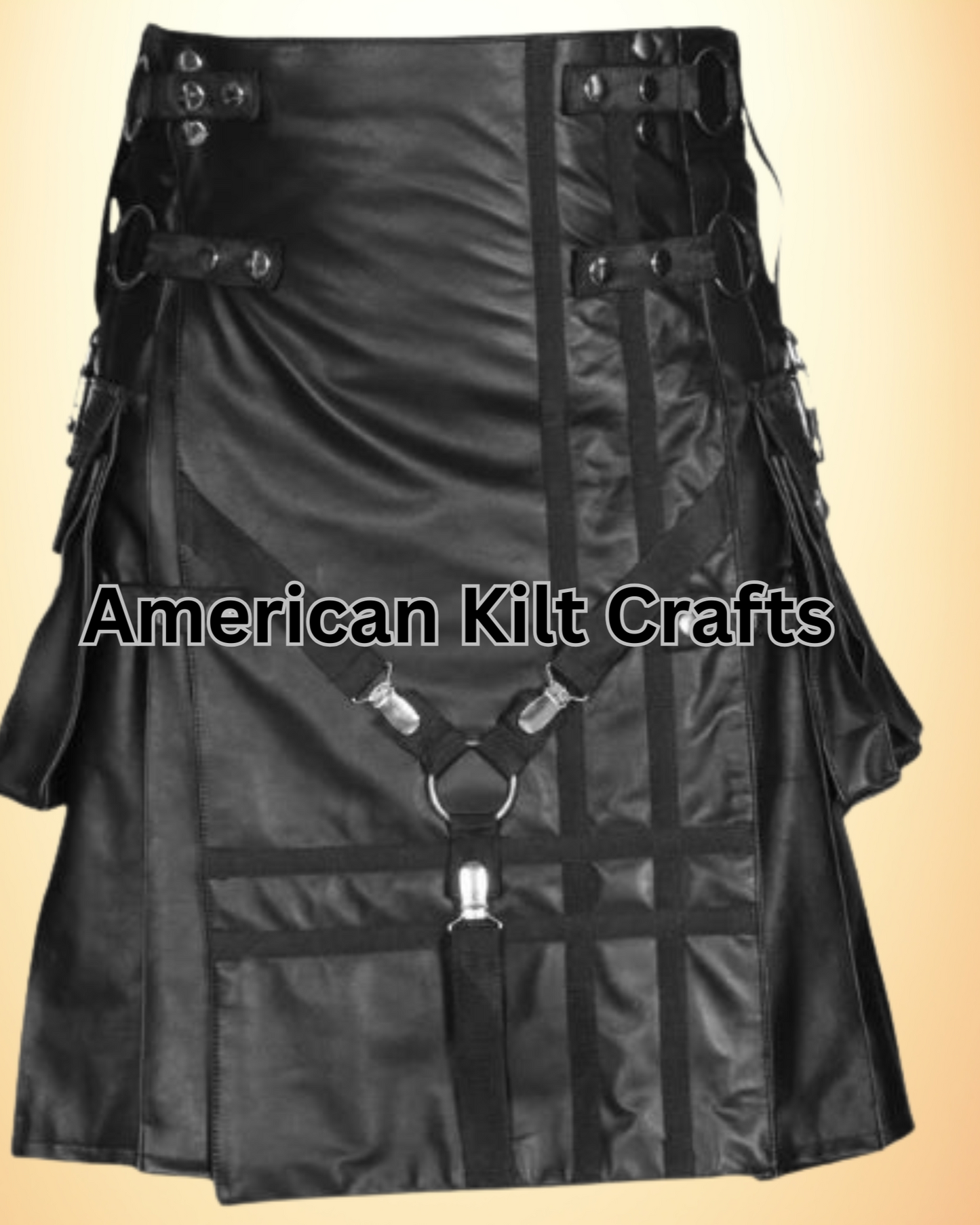 Men's Black Gothic Leather Kilt with Pleated Back and Large Pockets