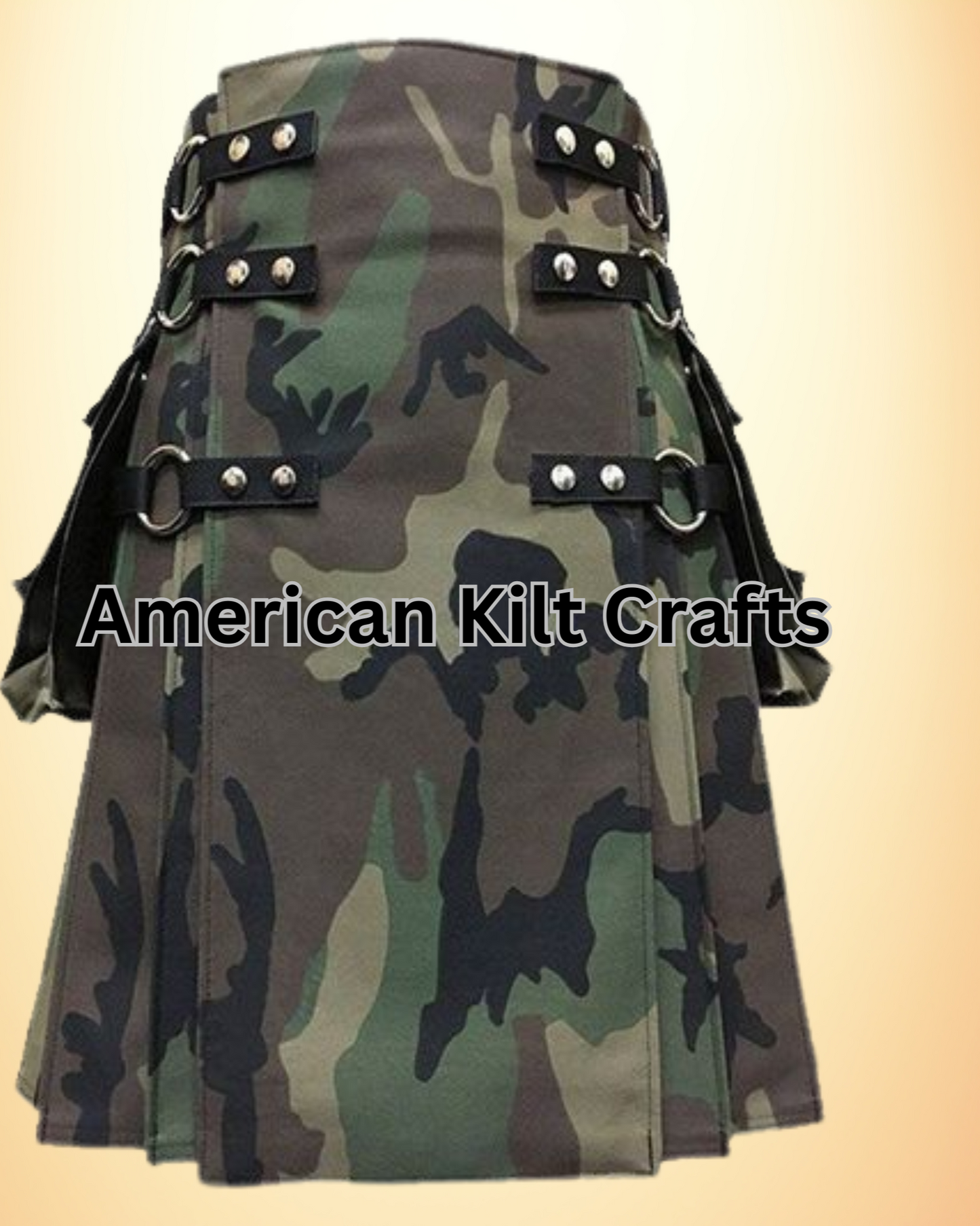 Woodland Camouflage Gothic Utility Kilt with Pleated Back and Multiple Pockets