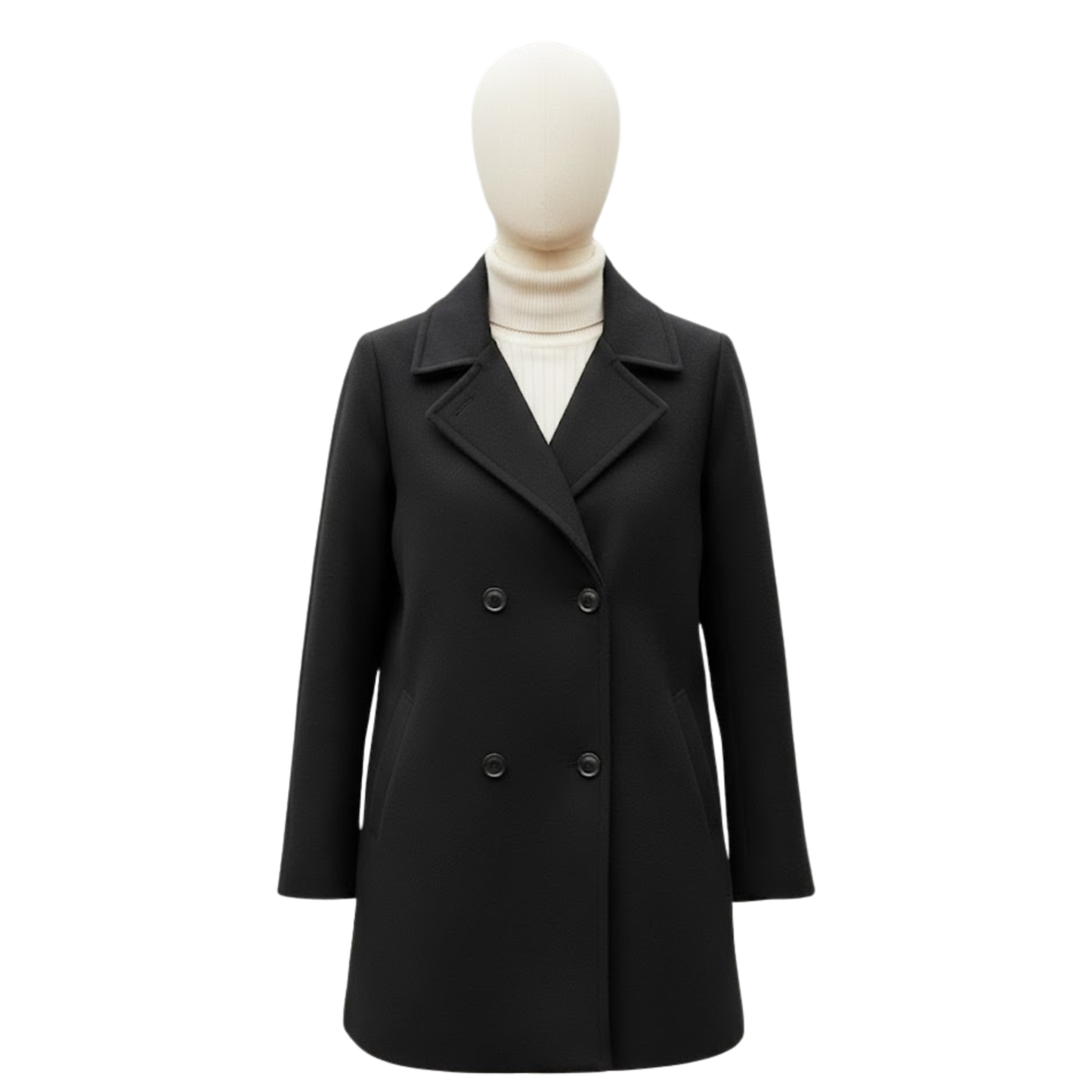 Women’s Black Double Breasted Wool Coat - Classic Pea coat Overcoat | Knee Length Winter Outerwear