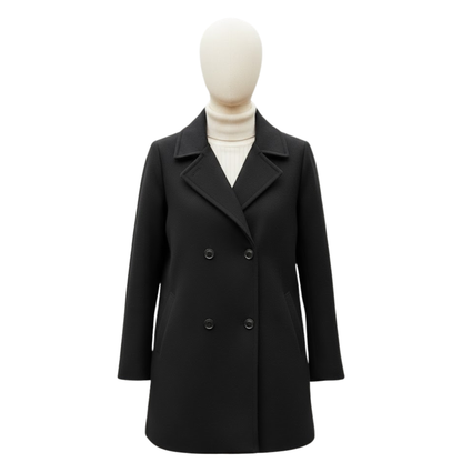 Women’s Black Double Breasted Wool Coat - Classic Pea coat Overcoat | Knee Length Winter Outerwear