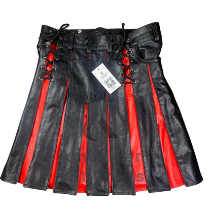 Men's Gladiator Hybrid Leather Kilt | Black & Red Pleated Utility Kilt | Scottish Fashion, Gothic & Steampunk Style