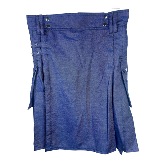 Men’s Blue Denim Utility Kilt – Modern Casual Jean Kilt with Side Pockets – Stylish Denim Workwear Kilt for Men