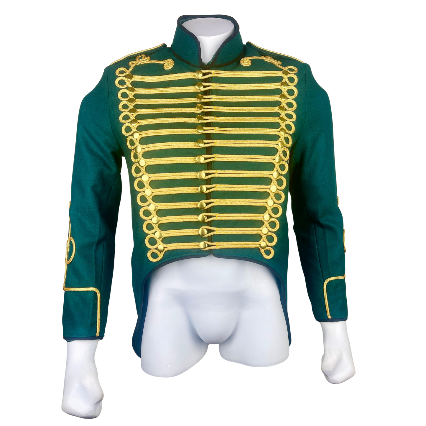 Men’s Green Hussar Tailcoat Jacket | Military Parade Tunic with Gold Braid | Vintage Marching Band & Historical Costume