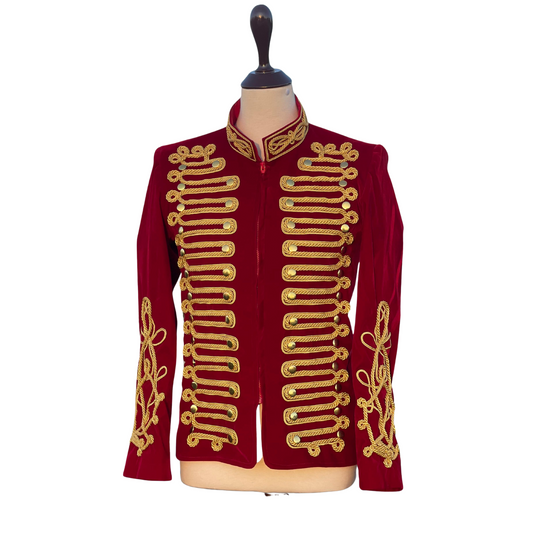Men’s Red Velvet Military Hussar Jacket | Gold Braided Parade Uniform | Vintage Officer Band Jacket Coat
