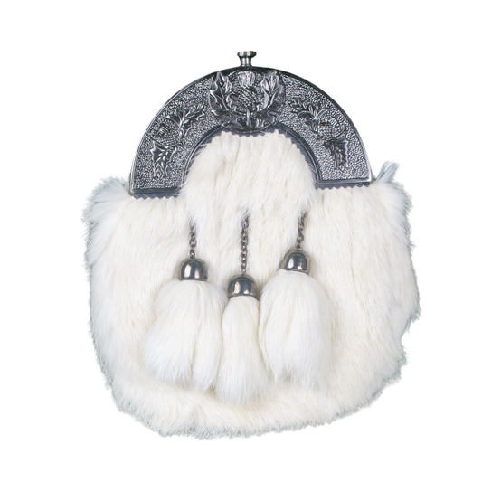White Fur Sporran with Chrome Cantle – Scottish Highland Dress Accessory for Kilts