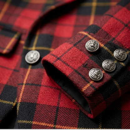 Close-up of Argyll tweed kilt jacket fabric texture and button detailing in high-quality Scottish tweed wool