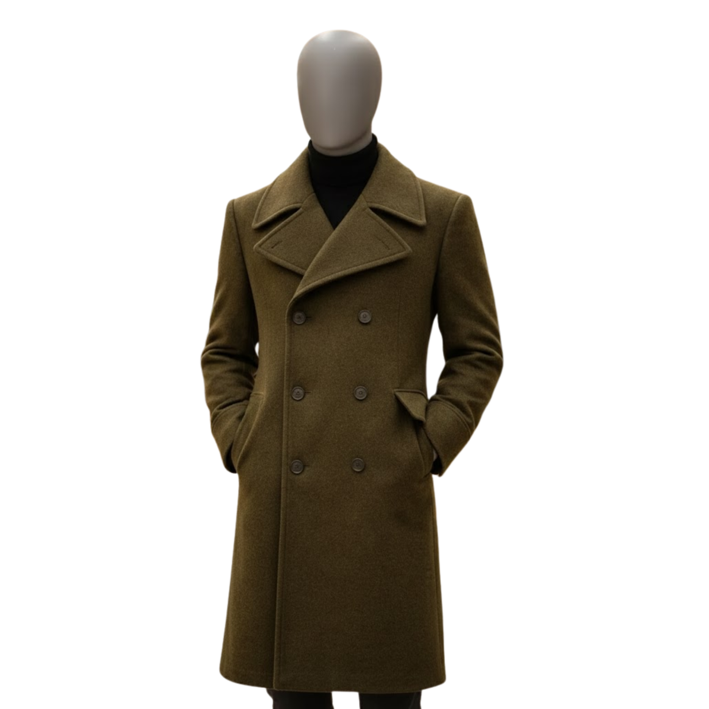 Men's Olive Green Wool Greatcoat | Double Breasted Long Military Style - Winter Overcoat