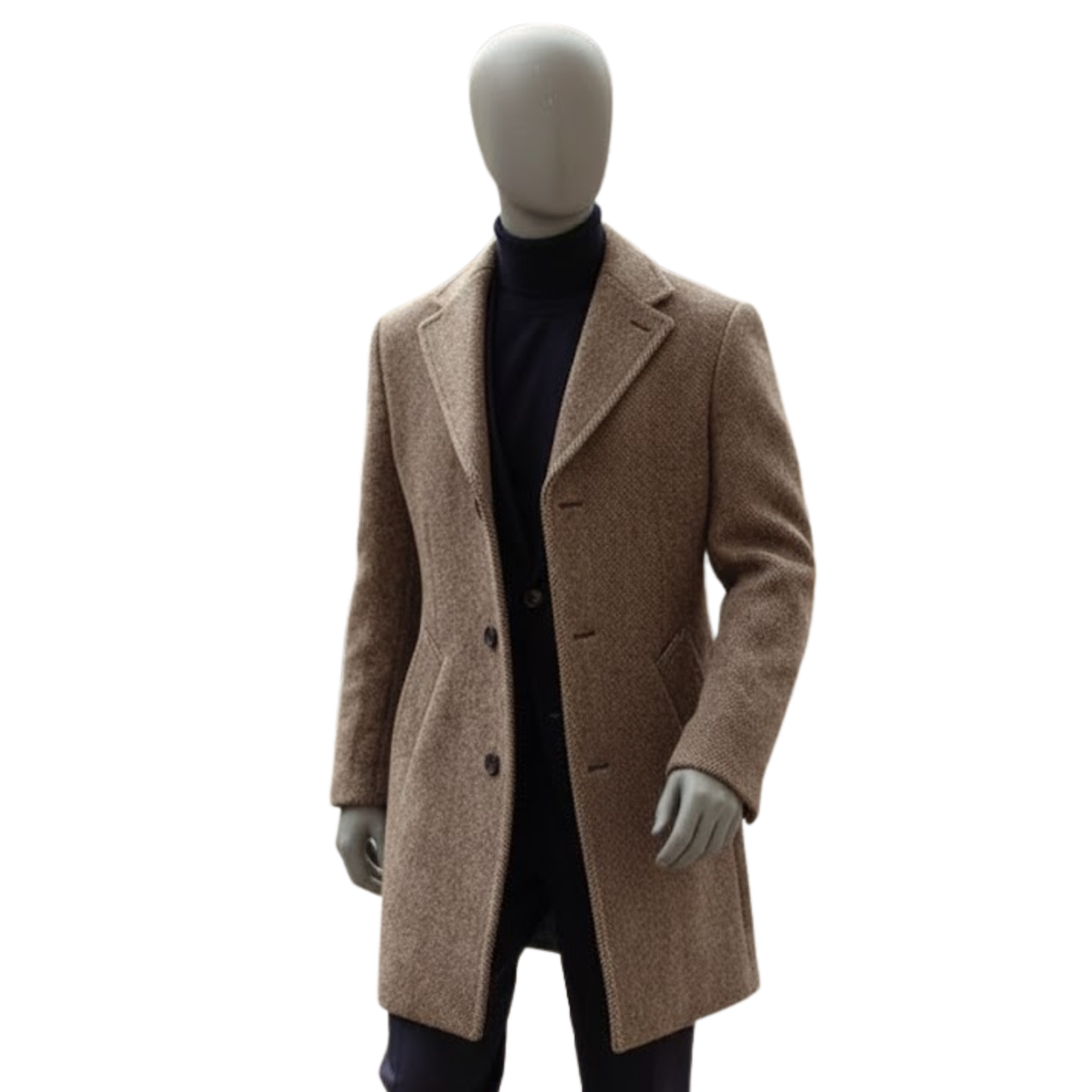Men’s Single Breasted Wool Cashmere Blend Coat - Tweed Jersey Overcoat