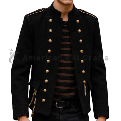 Men's Black Wool Military Double-Breasted Uniform | Steampunk Gothic Parade
