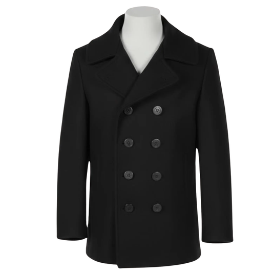 Men’s Black Wool Pea Coat – Heavy Double-Breasted Military Winter Overcoat