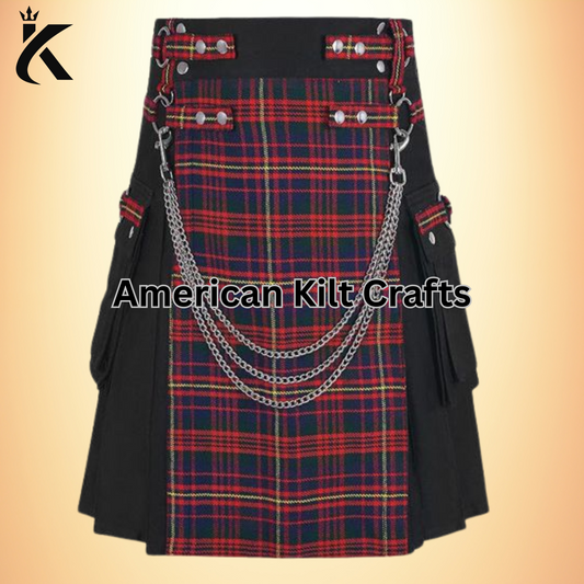 Stylish Black Gothic Hybrid Utility Kilt with Cameron Tartan Apron and Chains