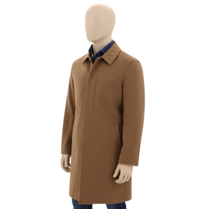 Men’s Wool Blend Overcoat Tan Camel - Single Breasted Winter Coat with Fold Down Collar - Classic Formal Outerwear