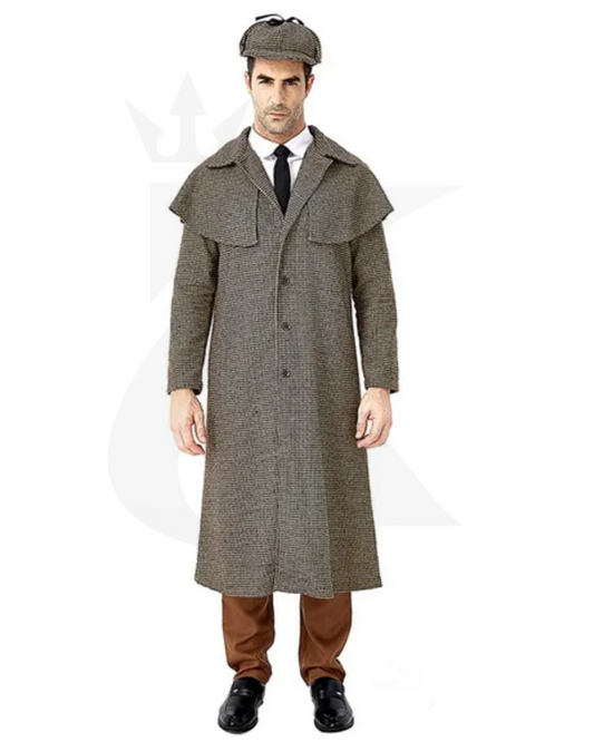 Men’s Sherlock Holmes Detective Costume – Victorian Tweed Long Coat & Hat for Halloween & Cosplay