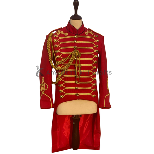Men’s Red British Hussar Tailcoat – Military Officer Jacket, Steampunk Parade Coat, Victorian Uniform Costume