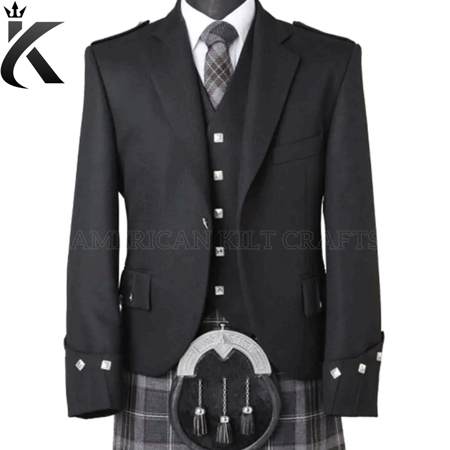 Scottish Black Worsted Flannel Fabric Argyle Jacket and Vest