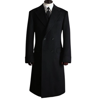 Men’s Classic Black Greatcoat - Heavyweight Double-Breasted Winter Overcoat