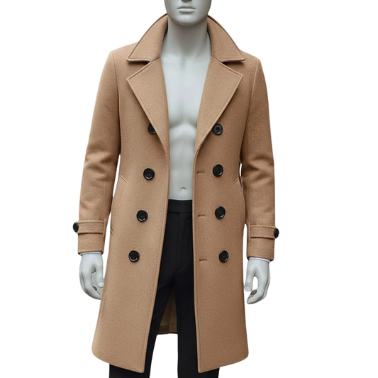 Men’s Classic Camel Wool Overcoat – Double-Breasted Knee-Length Winter Coat