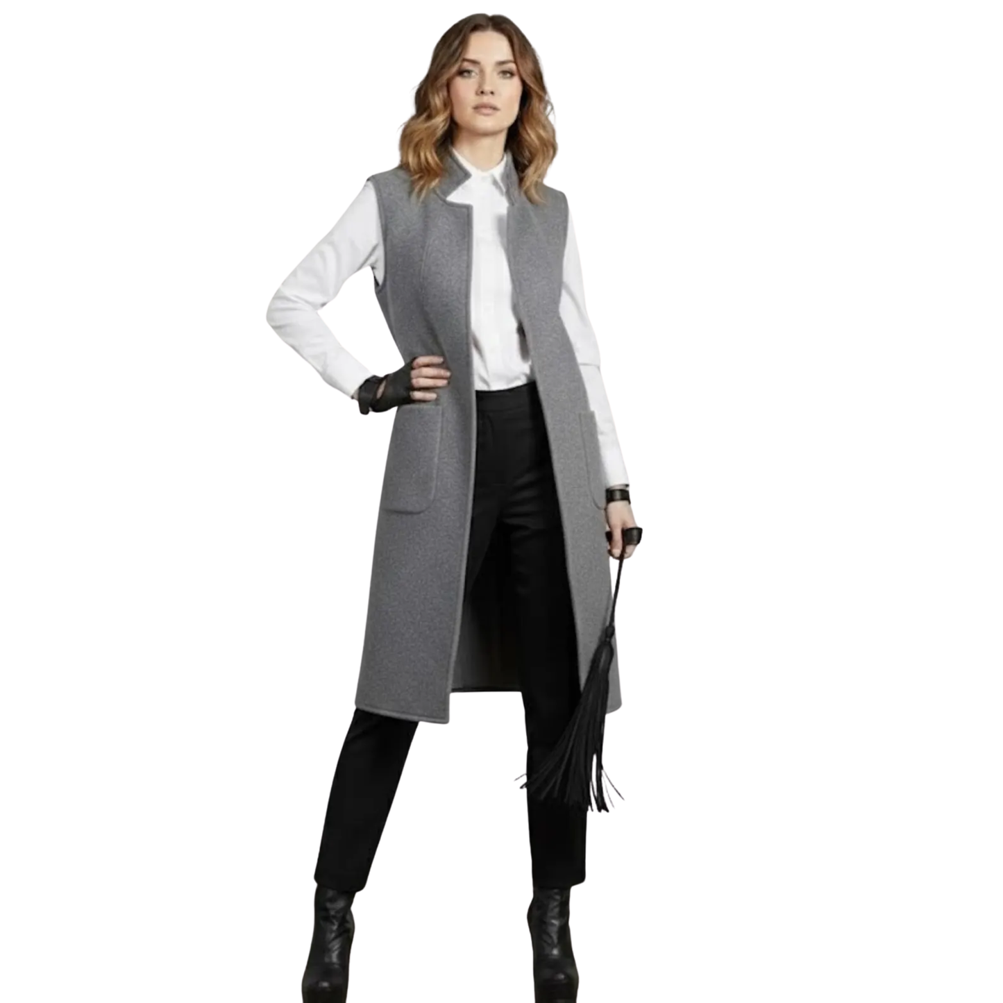 Women’s Gray Wool Sleeveless Vest Coat – Knee Length Wool Waistcoat with Pockets