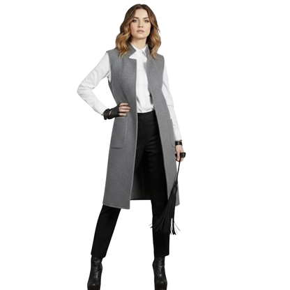 Women’s Gray Wool Sleeveless Vest Coat – Knee Length Wool Waistcoat with Pockets