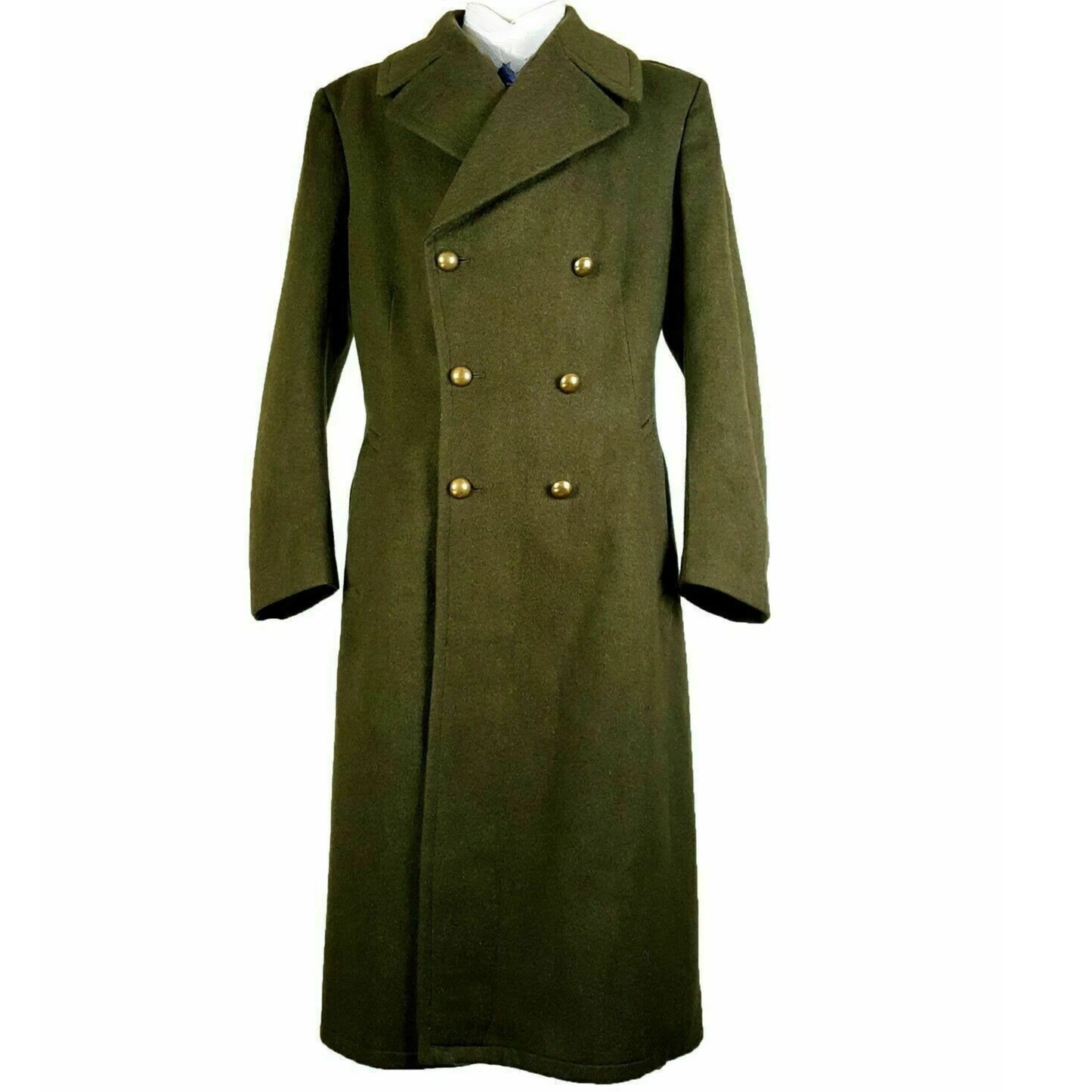 Men's Full-Length Military Officer Greatcoat - Olive Green Wool Blend Winter Overcoat
