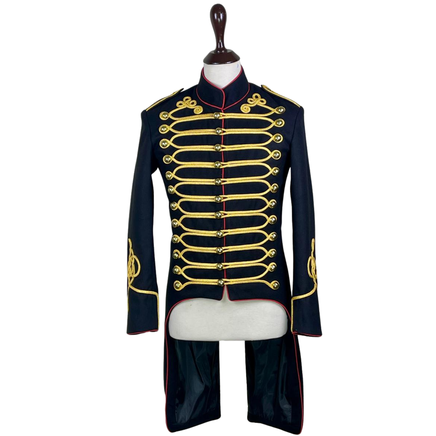 Men’s British Hussar Military Jacket– Black & Red Gold Braided Tailcoat| Historical Uniform