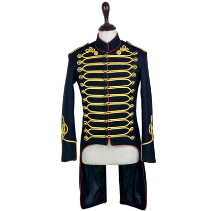 Men’s British Hussar Military Jacket– Black & Red Gold Braided Tailcoat| Historical Uniform