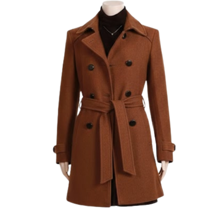 Women's Double-Breasted Wool Blend Trench Coat - Brown Pea Coat with Belt Winter Outerwear