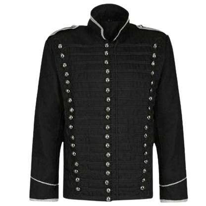 Men's Black Hussar Military Parade Jacket with Epaulettes & Brass Buttons| Custom coat
